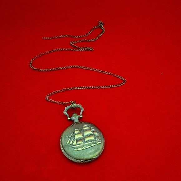 Antique Ship Boat Pocket Watch Classic Hollow Tone Necklace Push Button Watch - Picture 2 of 10